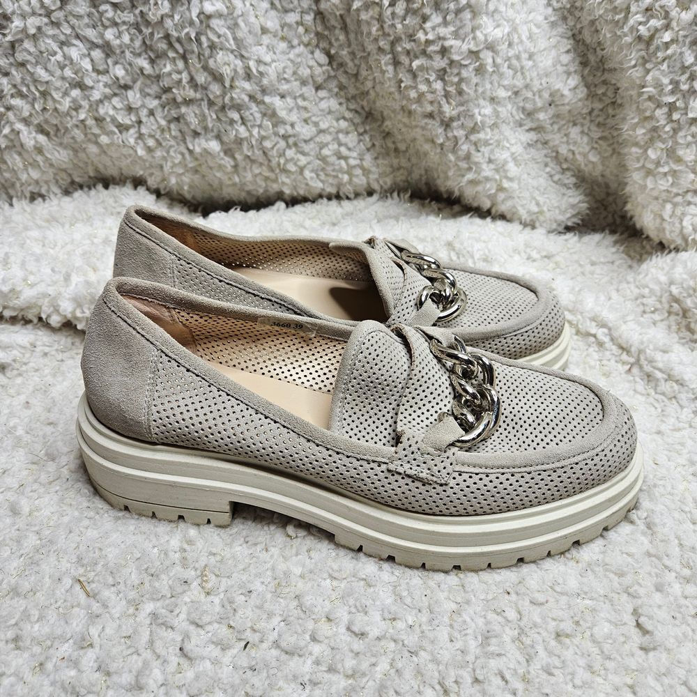 Napoleoni Italy Perforated Suede Leather Chain Detail Lugโ Sole Loafers sz 39